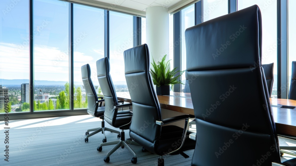 Modern office meeting room with large windows, sleek chairs, and a conference table, providing a bright, productive environment. Modern office meeting room with large windows, sleek chairs, and a conference table, providing a bright, productive environment.