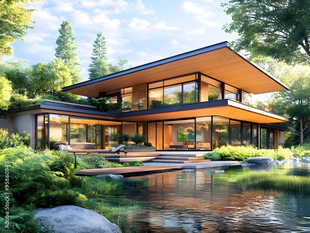Modern House with Pond and Green Landscaping. Modern House with Pond and Green Landscaping.