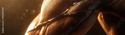 A close-up view showcasing the strength and detail of a muscular arm illuminated by soft light, highlighting texture and power.