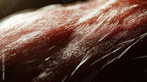 Close-up view of textured skin highlighting fine details, showcasing natural patterns and reflections of light on the surface.