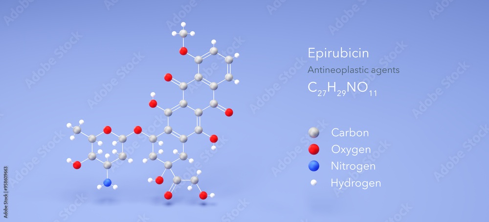 epirubicin molecule, molecular structure, antineoplastic agents, 3d model, Structural Chemical Formula and Atoms with Color Coding epirubicin molecule, molecular structure, antineoplastic agents, 3d model, Structural Chemical Formula and Atoms with Color Coding