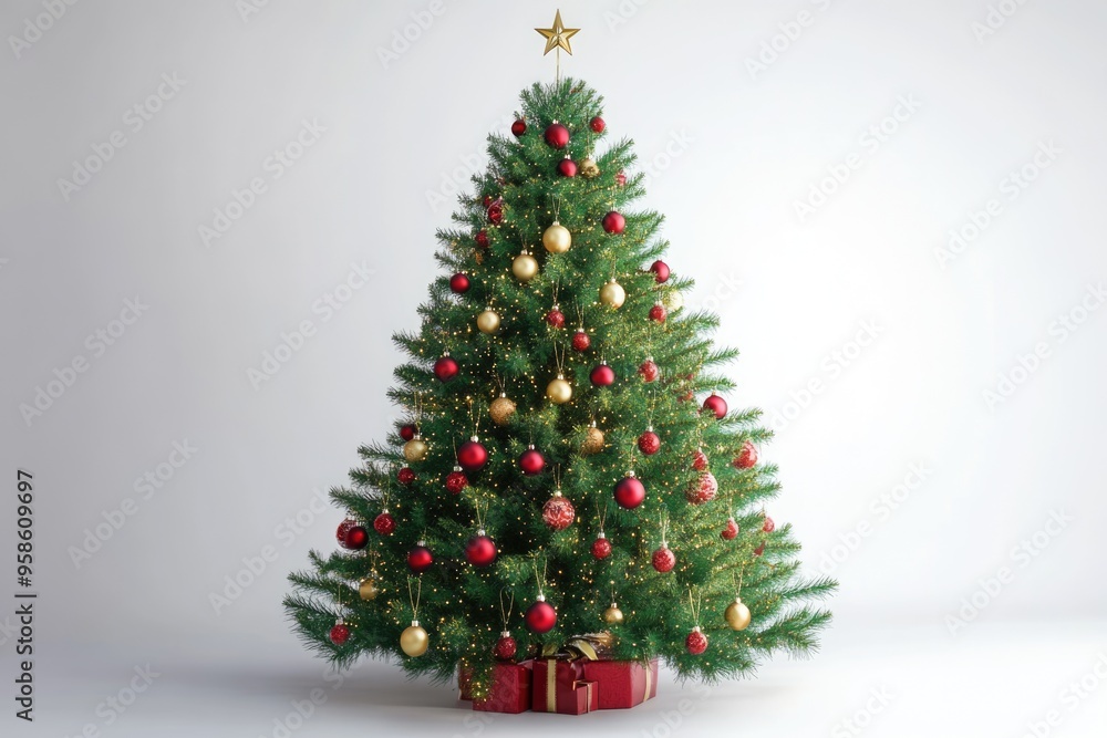 White background with decorated Christmas tree. White background with decorated Christmas tree.