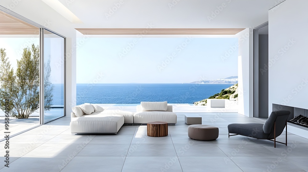 Fototapeta premium Stunning Modern Luxury Living Room with Breathtaking Ocean View