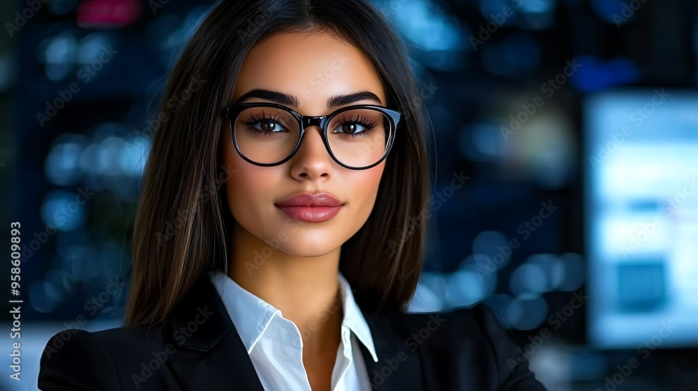 A confident businesswoman in glasses and a suit, exuding professionalism and leadership. A confident businesswoman in glasses and a suit, exuding professionalism and leadership.