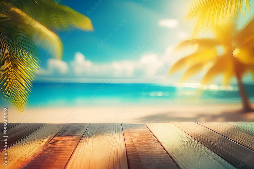 Wooden deck overlooking a tropical beach. Wooden deck overlooking a tropical beach.