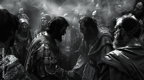 Photograph of the Betrayal of Judas Judas agrees to betray Jesus in exchange for thirty pieces of silver The Life of Jesus Digital illustration Black and white