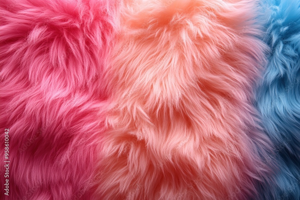 Close-up of a soft, fluffy fabric in pink, orange, and blue hues. Close-up of a soft, fluffy fabric in pink, orange, and blue hues.