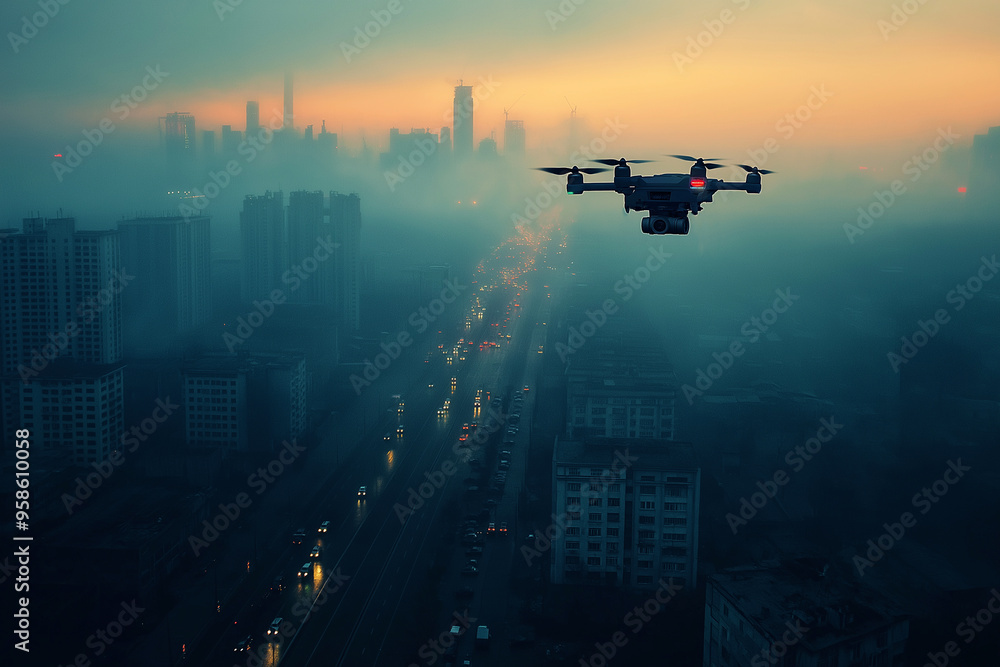 Deserted Urban Landscape with Drone Surveillance Under AI Control at Dawn Deserted Urban Landscape with Drone Surveillance Under AI Control at Dawn