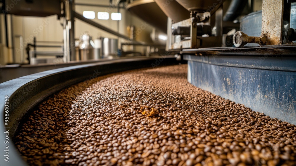 Coffee Beans Moving on a Conveyor Belt in a Factory Coffee Beans Moving on a Conveyor Belt in a Factory