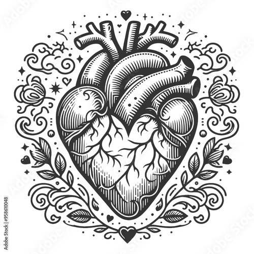 anatomical heart with floral ornaments, tattoo, Valentines day card theme, sketch engraving generative ai vector illustration. Scratch board imitation. Black and white image.