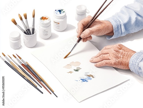 Artistic hands painting on a canvas with brushes and paint. Ideal for creativity, hobbies, and art therapy themes. watercolor style.