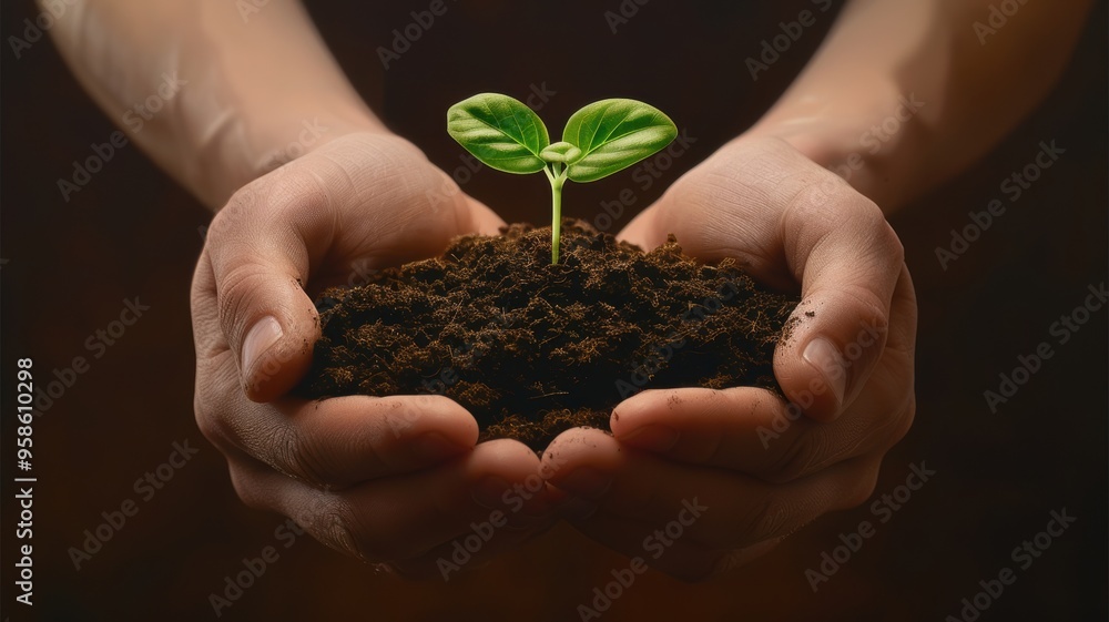 A pair of hands gently hold a small green sprout emerging from rich soil, symbolizing growth and new beginnings. A pair of hands gently hold a small green sprout emerging from rich soil, symbolizing growth and new beginnings.