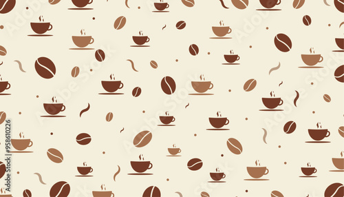 Seamless coffee bean pattern with cups and elements.Vector design