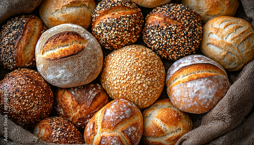 Fresh baked bread, baguette, bun, seed, flour, healthy meal generated by AI Fresh baked bread, baguette, bun, seed, flour, healthy meal generated by AI