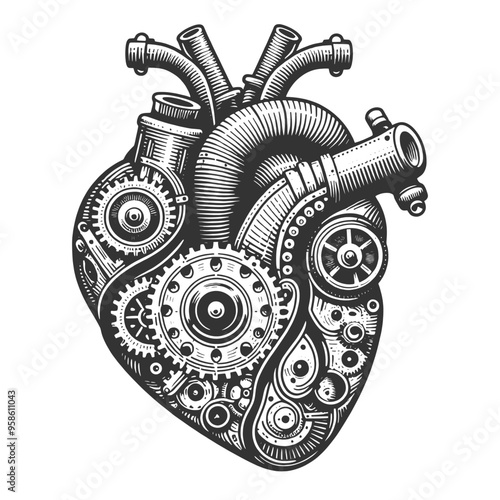 Steampunk heart composed of gears, pipes, mechanical components, human anatomy with industrial design sketch engraving generative ai vector illustration. Scratch board imitation. Black and white image