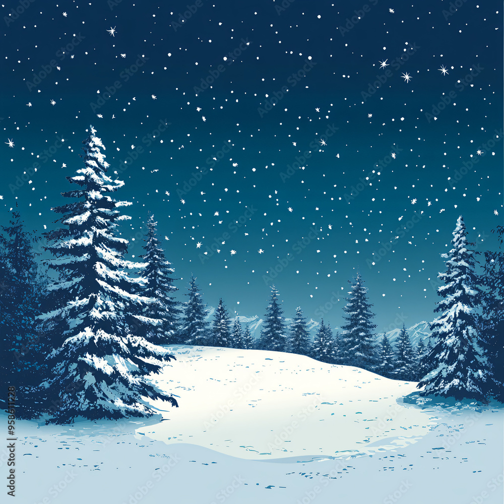 Obraz premium Abstract snowy landscape with pine trees and stars.