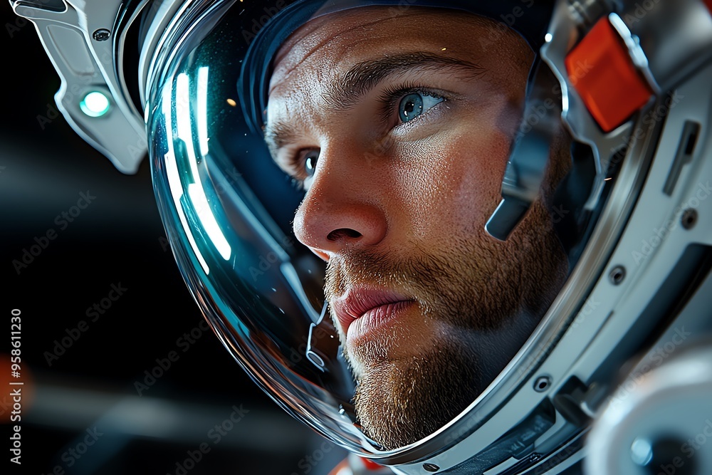 Astronaut in a moment of courage is captured in a close-up shot of an astronaut’s determined face as they prepare to step onto the surface of a distant planet Astronaut in a moment of courage is captured in a close-up shot of an astronaut’s determined face as they prepare to step onto the surface of a distant planet