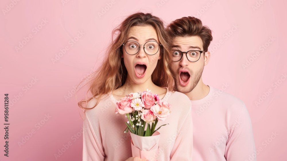 Excited couple in pastel outfits holding flowers, showcasing joy and surprise against a pink background. Excited couple in pastel outfits holding flowers, showcasing joy and surprise against a pink background.