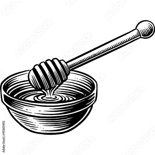 Hand drawn Bowl of Honey with Honey Dipper Sketch Illustration Engraving Woodcut Vintage Style Vector Line Art