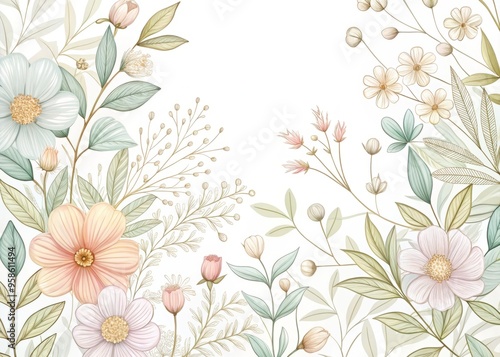 Delicate line-drawn flowers and foliage in soft pastel hues adorn a crisp white background, exuding simplicity and