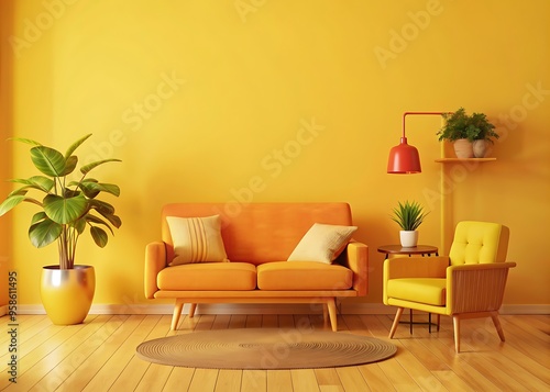 Modern minimalist living room with yellow and orange color scheme, cozy furniture, indoor Plants, and wooden flooring, perfect for interior design inspiration, home decor ideas