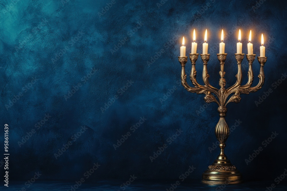 Golden Menorah with Burning Candles on a Dark Blue Background Golden Menorah with Burning Candles on a Dark Blue Background