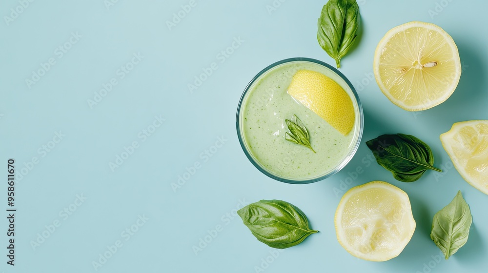 A vibrant glass of green smoothie is positioned on a light stone countertop, accompanied by fresh lemon and mint leaves. Potted plants add a calming touch in the background A vibrant glass of green smoothie is positioned on a light stone countertop, accompanied by fresh lemon and mint leaves. Potted plants add a calming touch in the background
