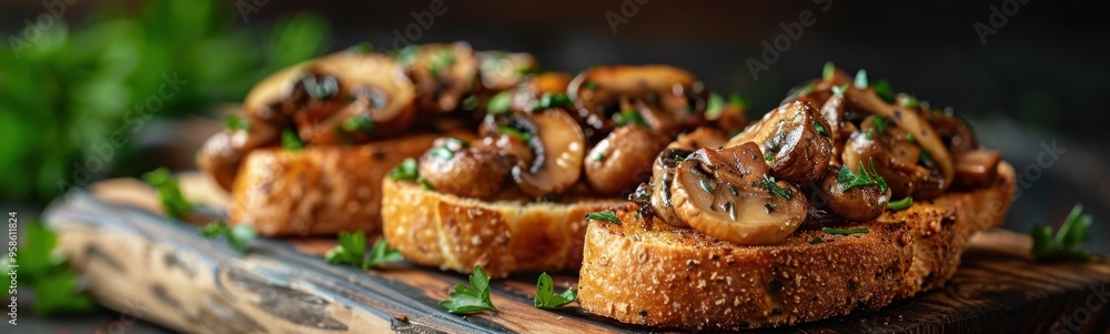 Some toasted bread with mushrooms on it on a cutting board, food background, banner Some toasted bread with mushrooms on it on a cutting board, food background, banner