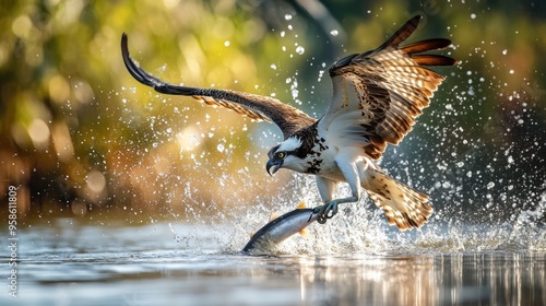 A bird is flying in the air and catching a fish