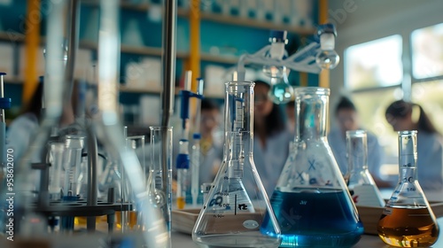 Pupils conducting a science experiment with lab equipment in a classroom, captured in high definition