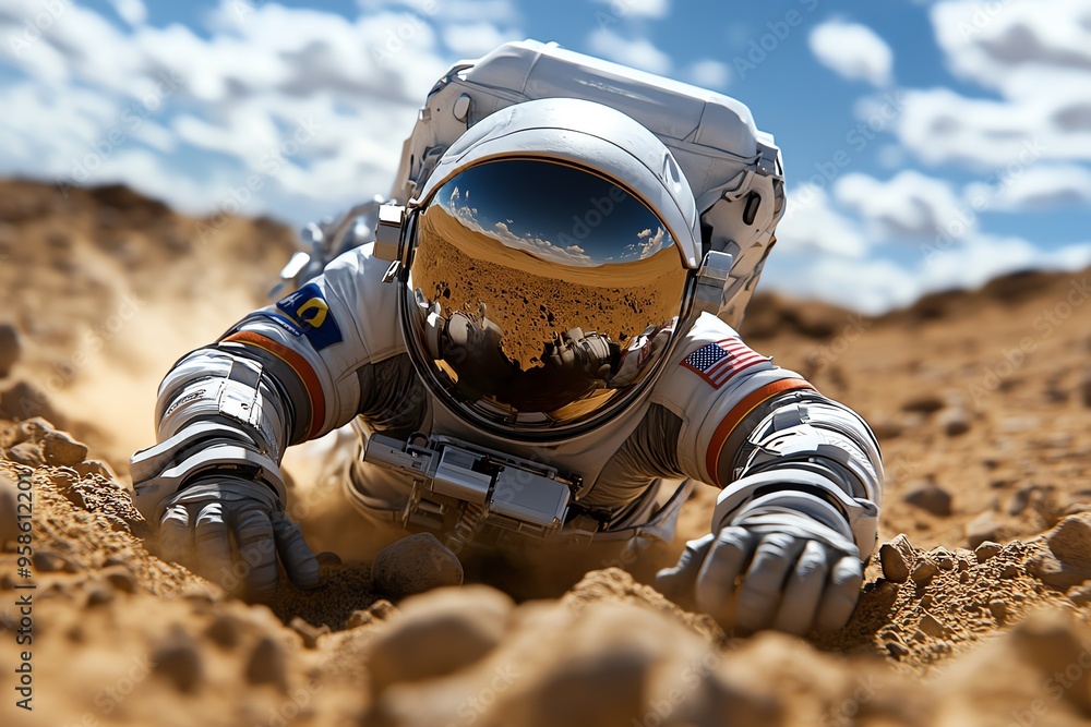 Astronaut on Mars is showcased in a realistic photo of an astronaut setting foot on the red planet, with the dusty terrain and rocky outcrops surrounding them Astronaut on Mars is showcased in a realistic photo of an astronaut setting foot on the red planet, with the dusty terrain and rocky outcrops surrounding them