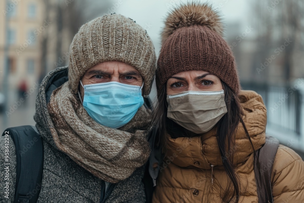 A couple dressed in winter clothing, including layered scarves and hats, stands close together in an urban setting, braving the cold and enjoying each other’s company despite the chill. A couple dressed in winter clothing, including layered scarves and hats, stands close together in an urban setting, braving the cold and enjoying each other’s company despite the chill.