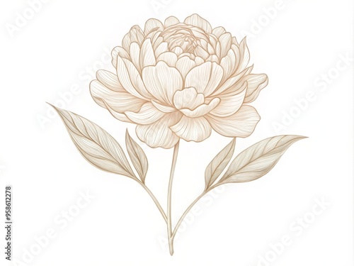 Delicate, minimalist illustration of a blooming peony flower with soft, hand-drawn lines and gentle curves, set against photo