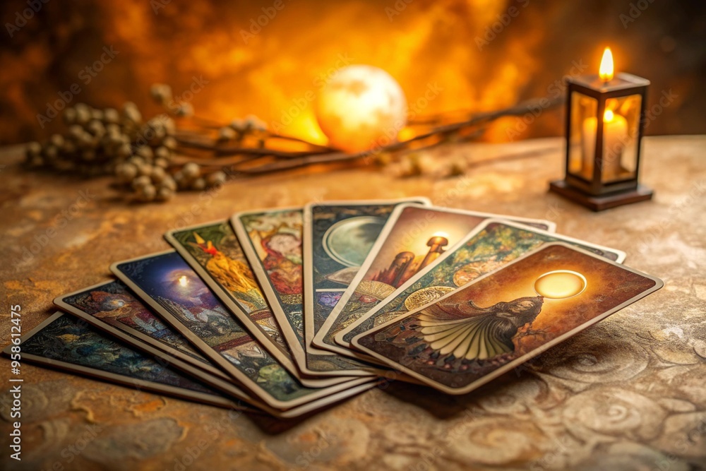 Fototapeta premium Mystical Tarot cards on the table with magic crystal ball by candlelight. Vintage banner for esoteric concept, divination and predictions.