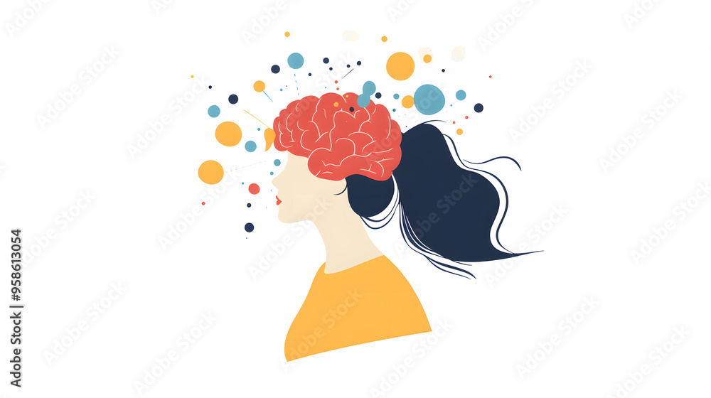 Minimalist UI illustration of a young woman’s head bursting open social ...