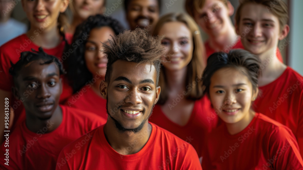 Fototapeta premium Smiling Diverse Multiracial Team of Volunteers in Red Uniforms at Warehouse Assisting with Charity Efforts. Generative ai