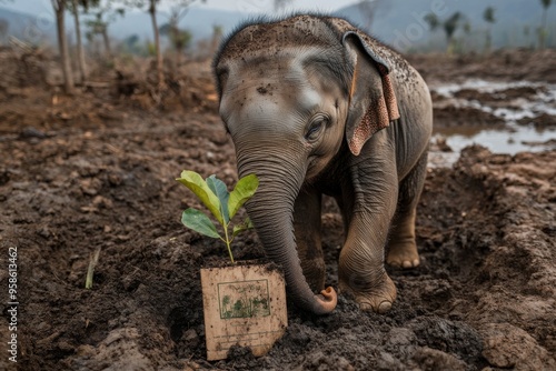 A baby elephant is seen using its trunk to plant a small seedling in the muddy earth, symbolizing the beginning of a new life and conservation efforts for future generations. photo