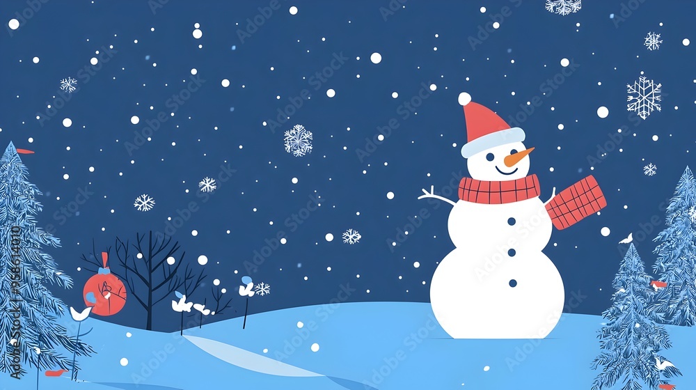 Whimsical Snowman in Snowy Winter Wonderland with Twinkling Stars and Snowfall Whimsical Snowman in Snowy Winter Wonderland with Twinkling Stars and Snowfall
