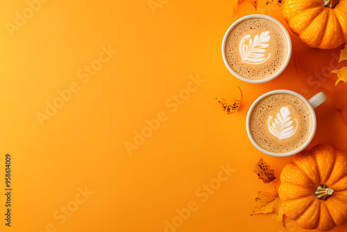 Fototapeta Naklejka Na Ścianę i Meble -  Top view of pumpkins and pumpkin spice lattes on orange background with copy space