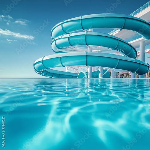 Close-up of a large waterslide spiraling into a crystal-clear pool at a waterpark photo