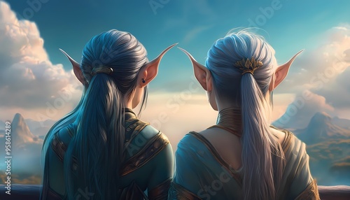 Two ethereal elven women, adorned in shimmering robes, sit on a crystal-studded hillside, marveling at the vibrant stars that dance across the night sky of their mystical realm. photo