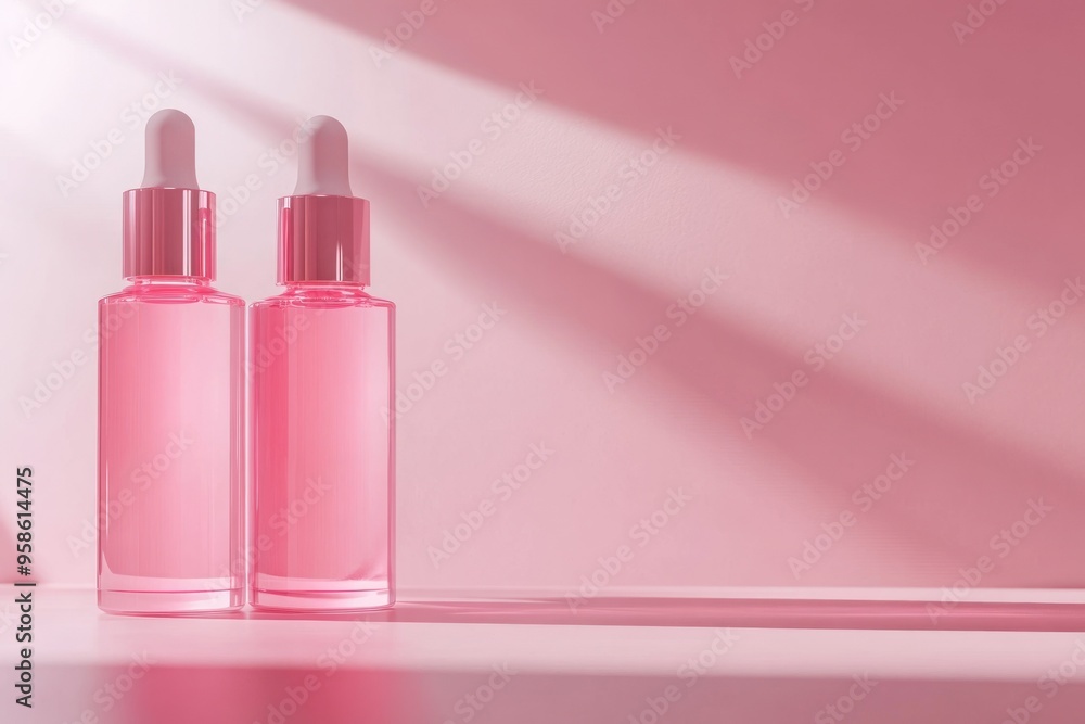 Two Pink Dropper Bottles on Pink Background with Sunlight Two Pink Dropper Bottles on Pink Background with Sunlight