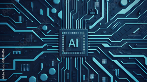 High-Tech CPU Chip on Circuit Board. Close-up view of a modern CPU chip positioned on a complex circuit board.	