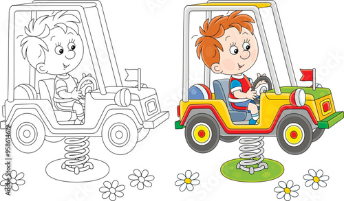 Happy little boy swinging on a funny toy car on a playground in a park, color and black and white vector cartoon illustrations