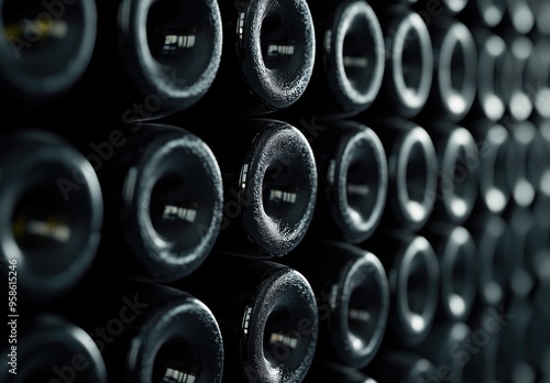 Black wine bottles stacked in rows creating a textured wall pattern photo