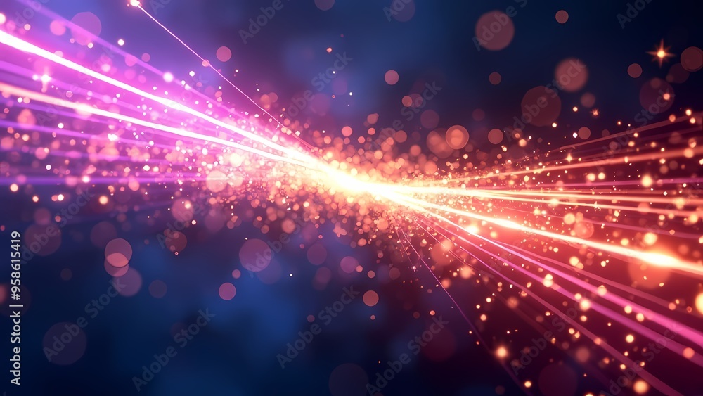 Fototapeta premium Vibrant Neon Light Trails and Bokeh Effects on Deep Blue-Black Gradient