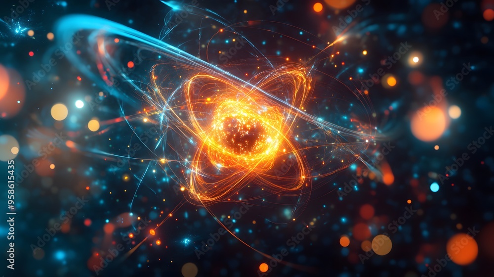 7. Abstract visualization of a dangerous atom with swirling, glowing molecules 7. Abstract visualization of a dangerous atom with swirling, glowing molecules