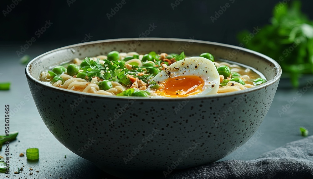 A bowl of ramen noodles with a soft boiled egg, peas, and green onions. A bowl of ramen noodles with a soft boiled egg, peas, and green onions.