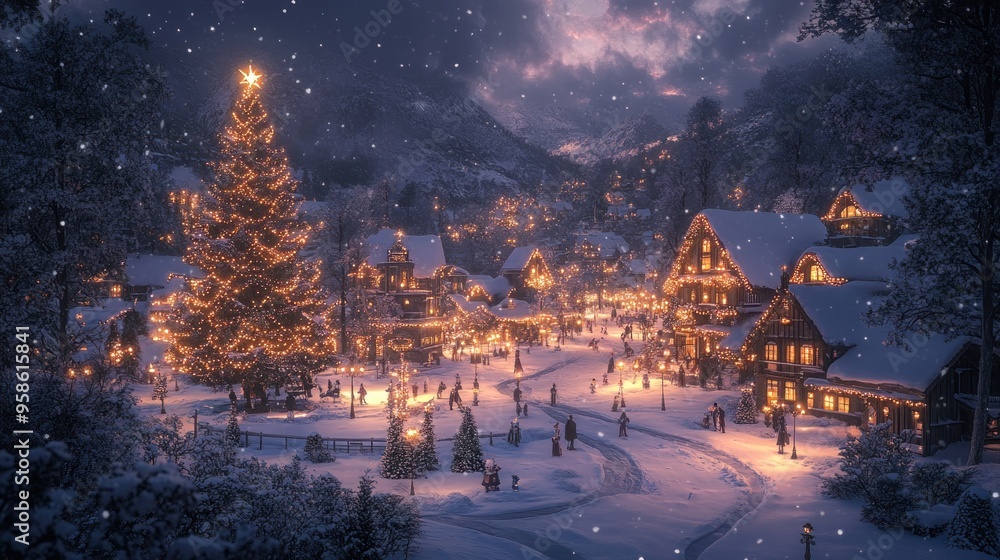 A picturesque snowy village during Christmas, adorned with lights. A picturesque snowy village during Christmas, adorned with lights.
