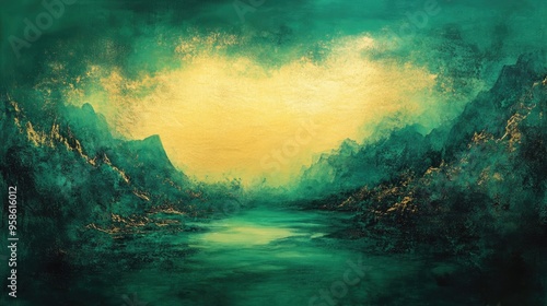 Abstract Landscape with Golden Glow and Green Mountains photo